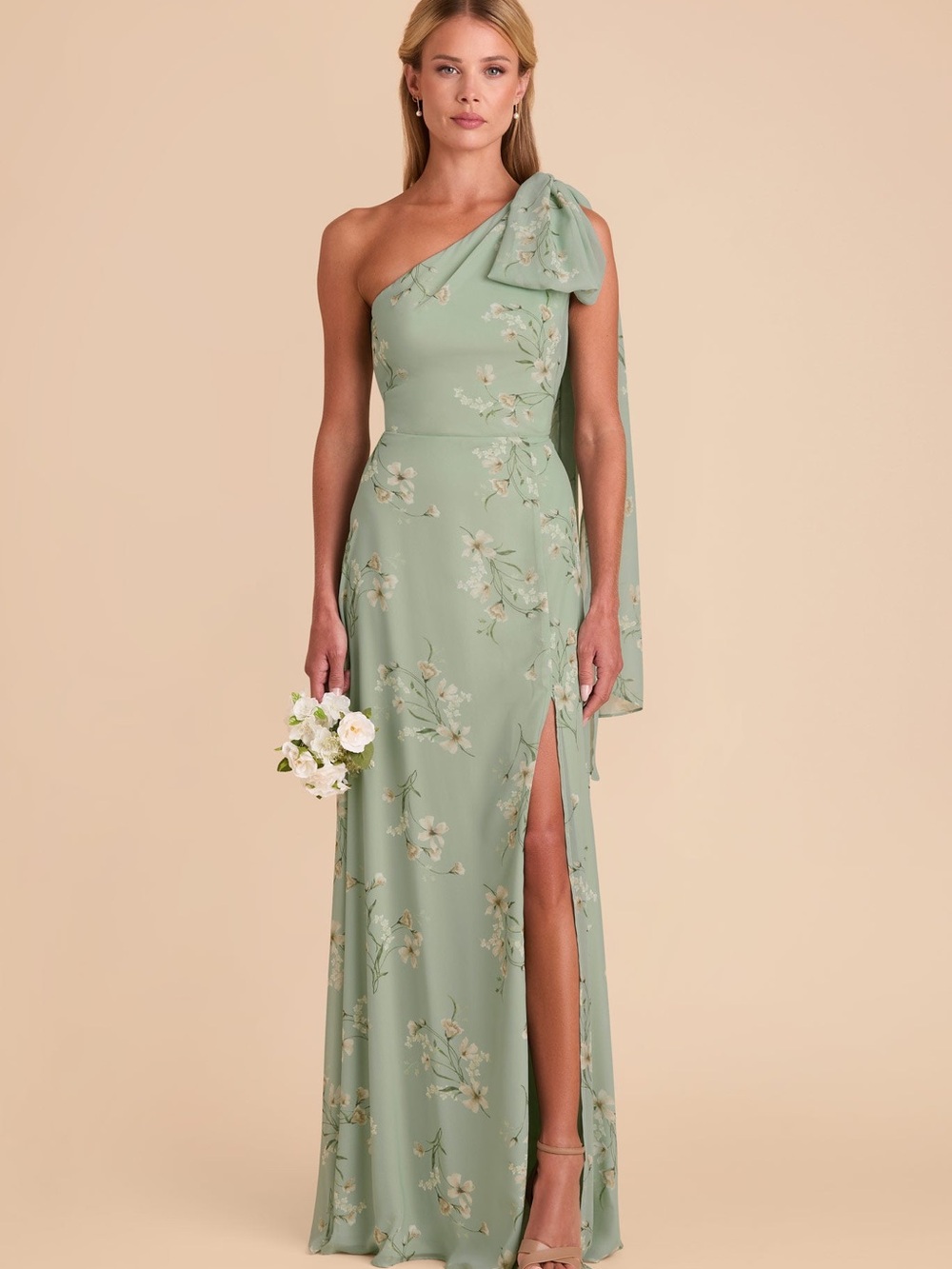 Birdy Grey Melissa Dress Chiffon Sage Le Fleur One-Shoulder Sage Floral Maxi